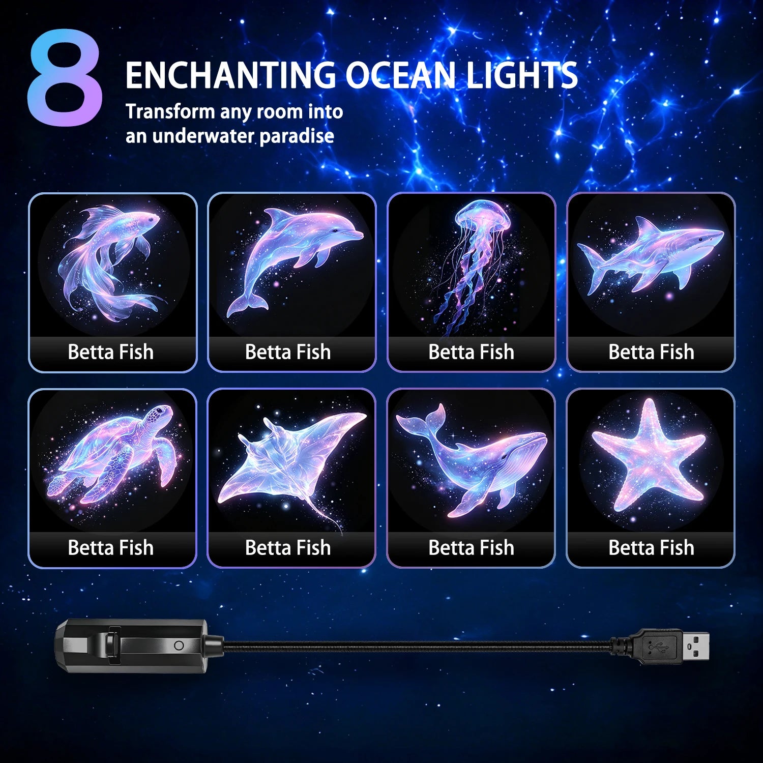 Ocean-Themed Projector Lamp, USB Powered, Creates a Romantic Deep-Sea Scene, Perfect as a Bedside Nightlight for Ambiance.
