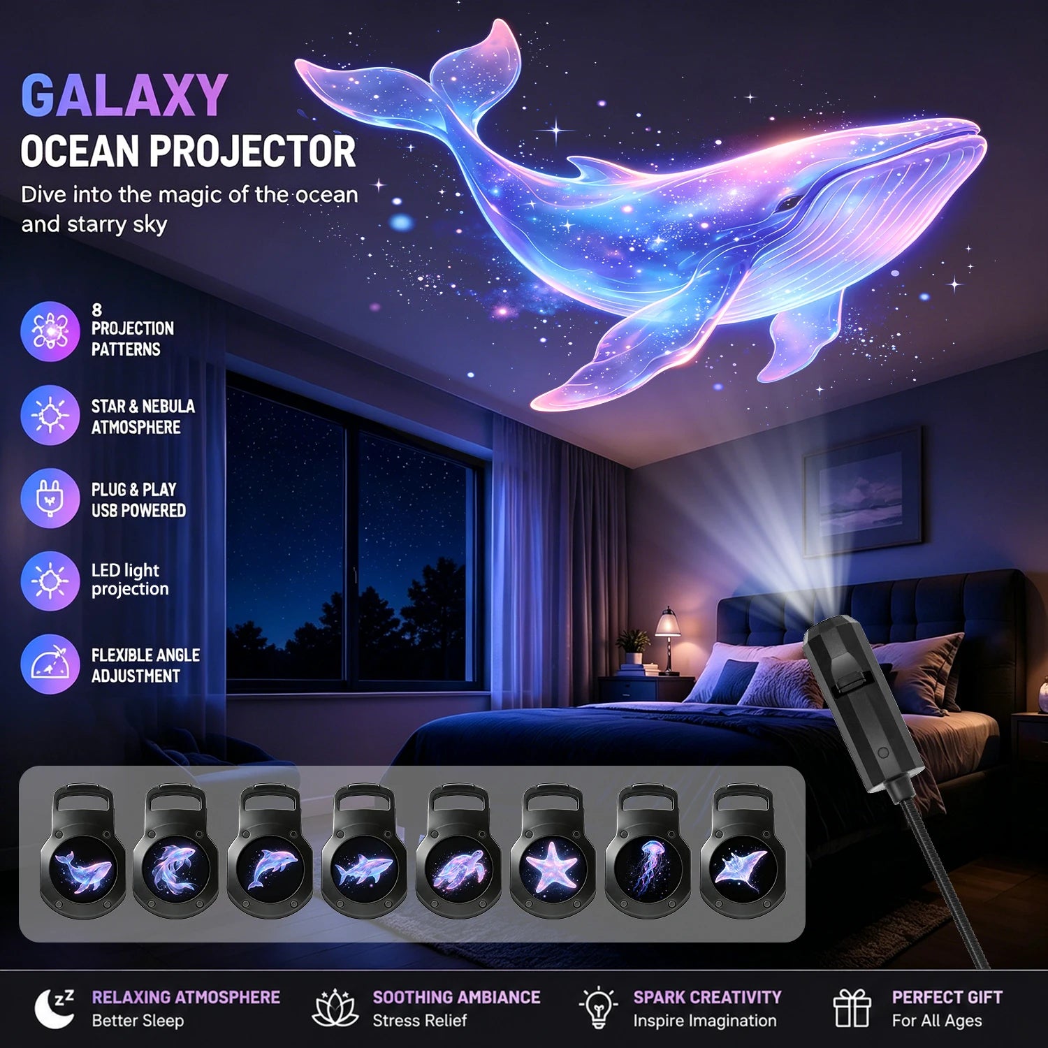 Ocean-Themed Projector Lamp, USB Powered, Creates a Romantic Deep-Sea Scene, Perfect as a Bedside Nightlight for Ambiance.